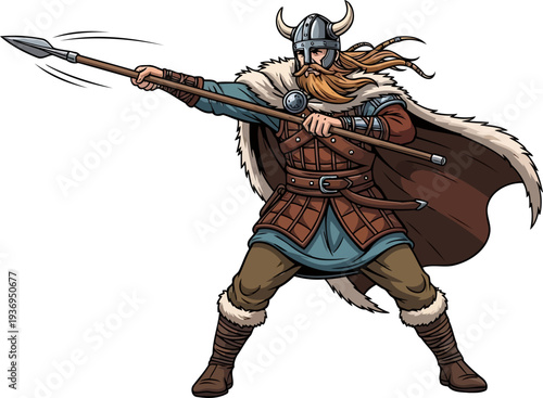 Norse spearman lunging forward in aggressive combat stance