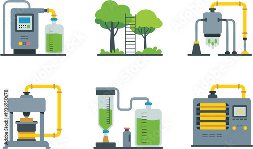 Eco biofuel processing equipment vector illustration with industrial filtration systems, laboratory containers, green energy machines and sustainable production technology
