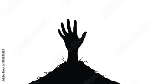 Eerie black silhouette of a hand reaching up from a mound of cracked earth against a white background for horror and halloween themes.