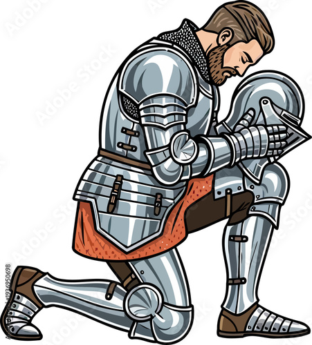 Paladin kneeling in respect holding helmet in prayer