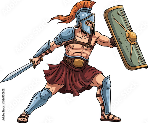 Roman centurion lunging forward with a sword and a decorated green shield
