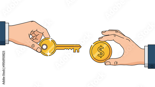 Professional transaction showing two hands exchanging a golden key for a golden coin with a dollar symbol for real estate and finance.