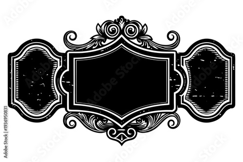 blank retro signboards, black and white sketch style, Victorian era design, decorative flourishes, distressed texture, vintage poster aesthetic