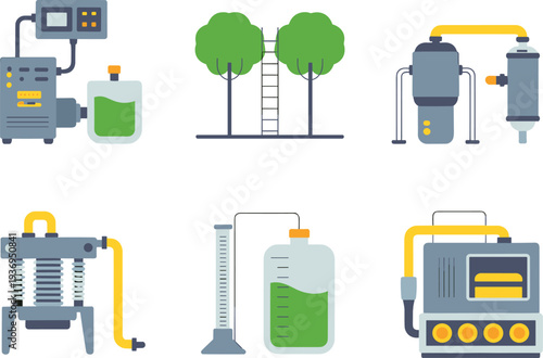 Environmental biofuel production and filtration equipment vector illustration with industrial machines, laboratory containers, pressure systems and sustainable energy concept