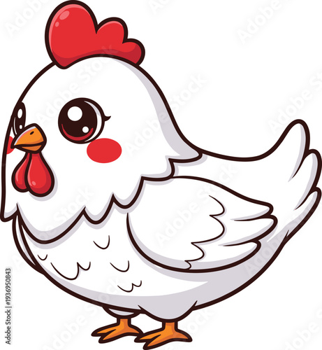 Cute white chicken cartoon character, adorable hen with red comb and wattles, farm animal illustration, baby chick vector, poultry mascot.