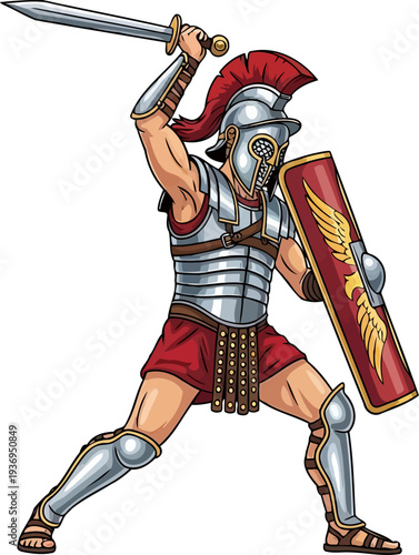 Roman centurion attacking with gladius sword and rectangular shield