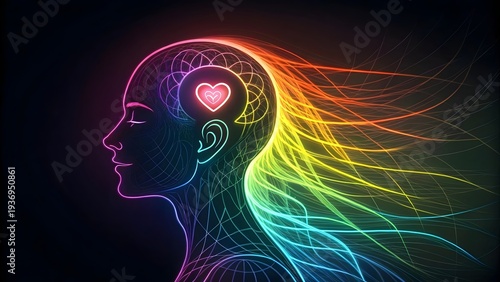 Human brain creativity and emotion concept with colorful neural network and heart symbol in vibrant neon lights on black background
