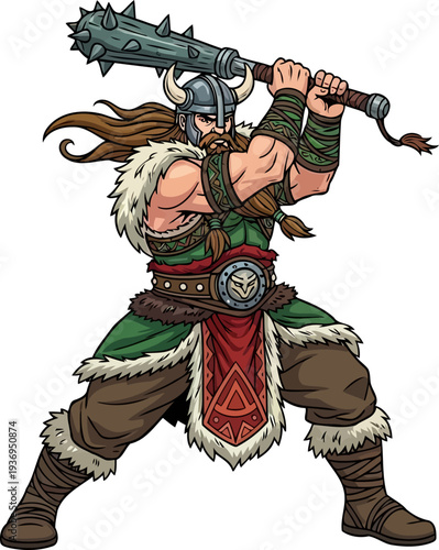 Powerful nordic warrior swinging a heavy spiked iron mace in a wide overhead arc