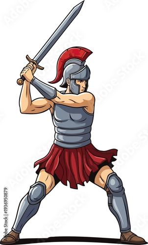 Roman centurion swinging a short sword in a powerful overhead strike