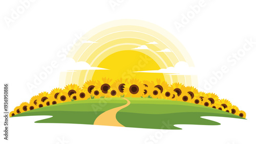Panoramic view of a bright yellow field of sunflowers under a large glowing sun with a winding path leading through it for summer scenery.