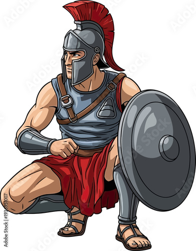 Roman legionary kneeling behind a large shield for protection