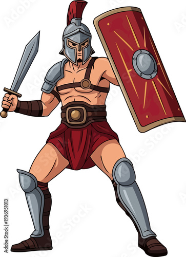 Roman legionary standing in defensive posture with gladius and scutum shield