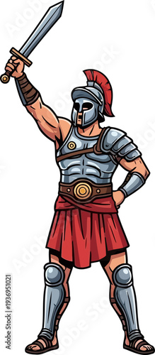 Roman officer celebrating victory with a raised sword and plumed helmet