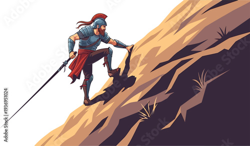 Roman legionary climbing steep rocky mountain with sword in hand