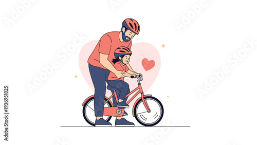 Father teaching his young daughter how to ride a bicycle with a large pink heart and stars in the background scene for family love theme.