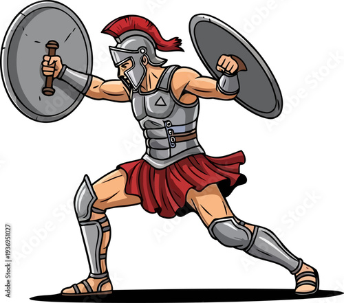 Roman soldier fighting with two round shields in defensive stance