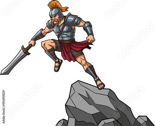 Roman warrior jumping from high rock with unsheathed sword