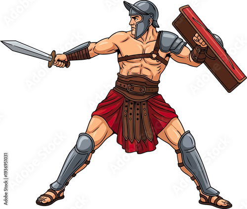 Roman soldier in battle stance with rectangular shield and sword