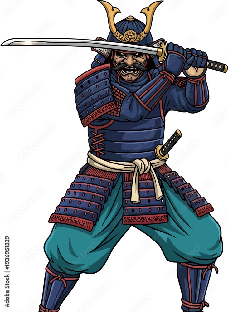 Fototapeta premium Samurai master in blue armor holding katana in ready stance