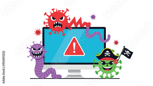 Computer monitor under attack by various cartoon viruses, worms, and pirate characters with an exclamation mark warning for cybersecurity.