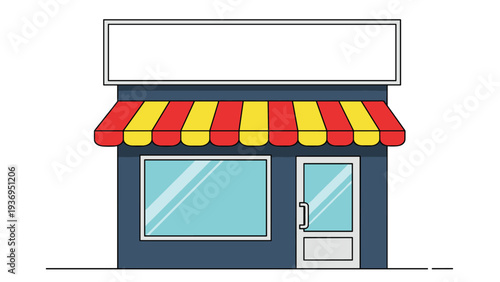 Facade of a small retail store or boutique with a red and yellow striped awning and a large blank sign above the shop for business use.