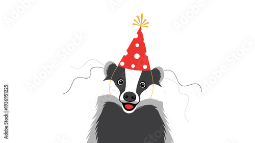 Happy badger wearing a red and white polka dot party hat with confetti streamers against a plain white background for festive celebration.