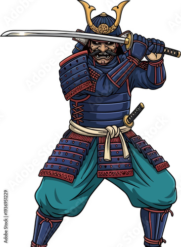 Samurai master in blue armor holding katana in ready stance