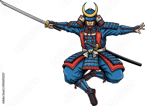 Samurai in blue armor performing jumping strike with katana