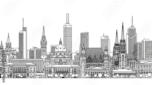 Panoramic hand drawn line art illustration of a detailed city skyline featuring historical and modern architecture in monochrome style.