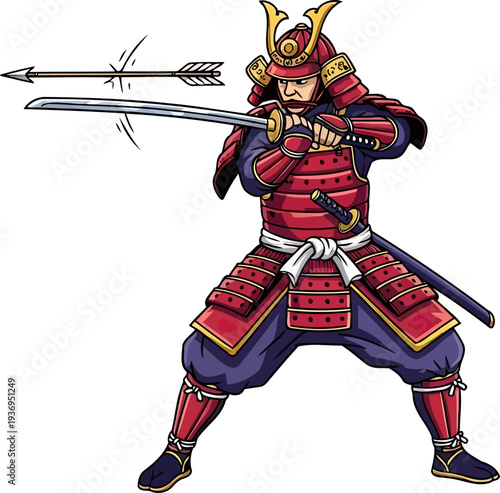 Samurai warrior in red armor deflecting incoming arrow with katana