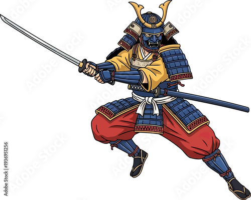 Samurai warrior wearing an oni mask jumping into a sword attack