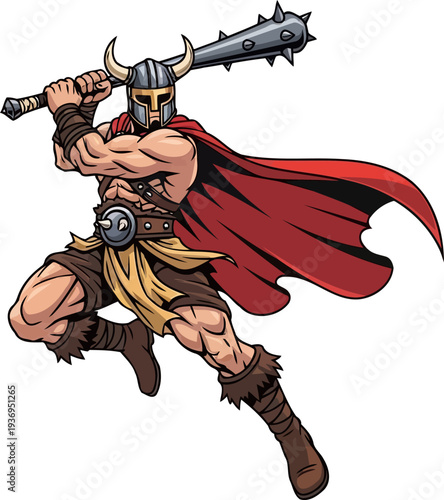 Savage mercenary jumping with a spiked mace and red cape