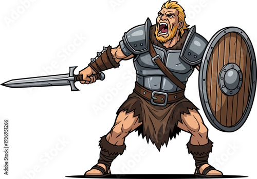 Shouting barbarian warrior brandishing a sword and round shield