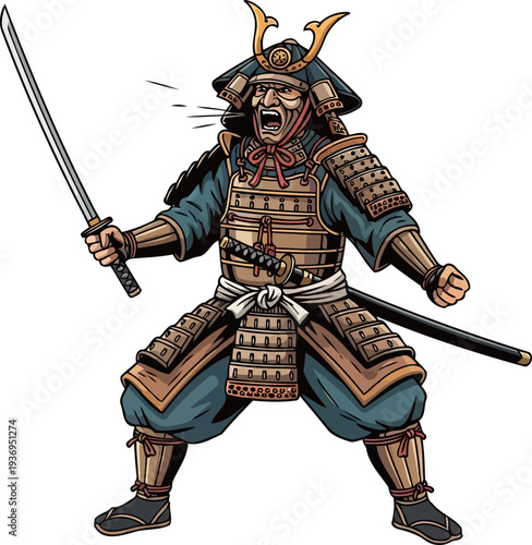 Shouting samurai commander brandishing a katana blade while wearing detailed golden brown armor