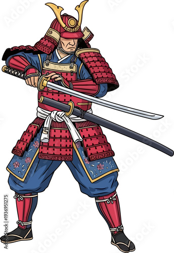 Samurai in traditional red armor drawing his katana from its scabbard