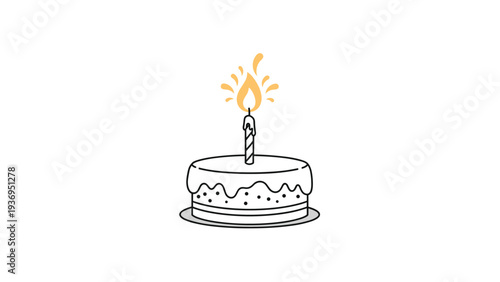 Simple line drawing of a round cake with white frosting and a single lit candle with a yellow flame and sparks for birthday celebration.