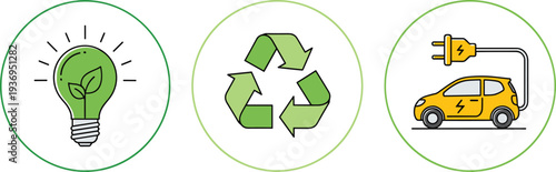 Eco friendly sustainability icons featuring green leaf light bulb energy saving recycle symbol and yellow electric car for renewable environment concept