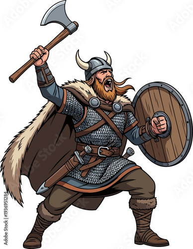 Shouting norse fighter holding a wood shield and raising a hatchet