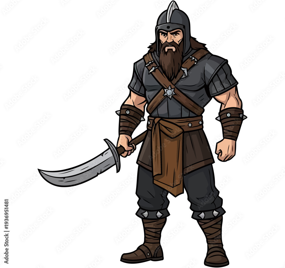 Obraz premium Stoic mercenary in dark plate armor holding a curved scimitar blade