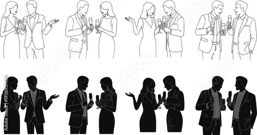 Elegant couple silhouettes and line art drinking champagne at party, professional networking event, formal celebration, social gathering vector illustration set