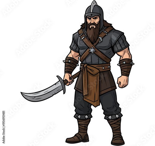Stoic mercenary in dark plate armor holding a curved scimitar blade