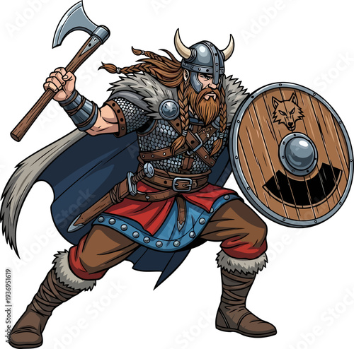 Viking fighter in combat stance with a wolf-emblem shield and axe