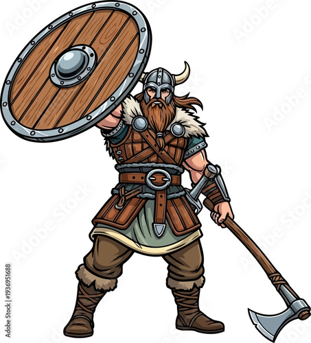 Viking chieftain raising a round wooden shield and holding a battle axe