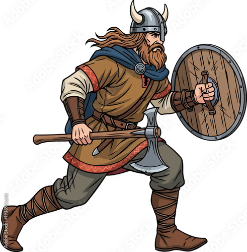 Viking raider charging forward with a wooden shield and hand axe