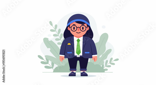 A cartoon character in a blue suit and green tie stands against a backdrop of green foliage