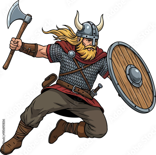 Viking warrior leaping into battle with axe and shield