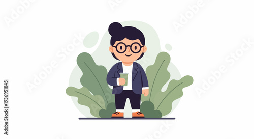 Cheerful person in glasses with a coffee cup, surrounded by green foliage