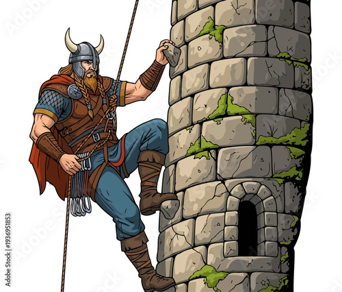 Viking warrior scaling a stone tower using a rope during a siege