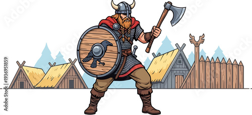 Viking warrior standing guard in front of a scandinavian village