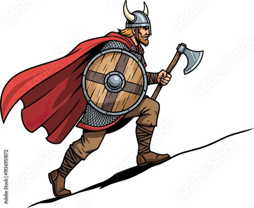 Viking with a red cape walking up a hill with a battle axe